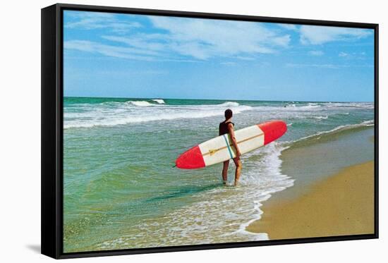 Surfer with Long Board, Retro-null-Framed Stretched Canvas