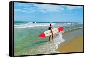 Surfer with Long Board, Retro-null-Framed Stretched Canvas