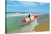 Surfer with Long Board, Retro-null-Stretched Canvas