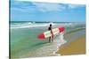Surfer with Long Board, Retro-null-Stretched Canvas