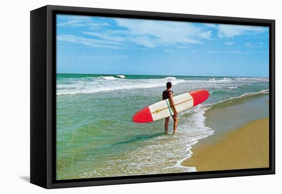 Surfer with Long Board, Retro-null-Framed Stretched Canvas