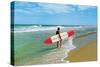 Surfer with Long Board, Retro-null-Stretched Canvas