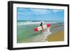 Surfer with Long Board, Retro-null-Framed Art Print