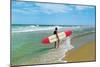 Surfer with Long Board, Retro-null-Mounted Art Print