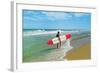 Surfer with Long Board, Retro-null-Framed Art Print