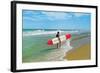 Surfer with Long Board, Retro-null-Framed Art Print