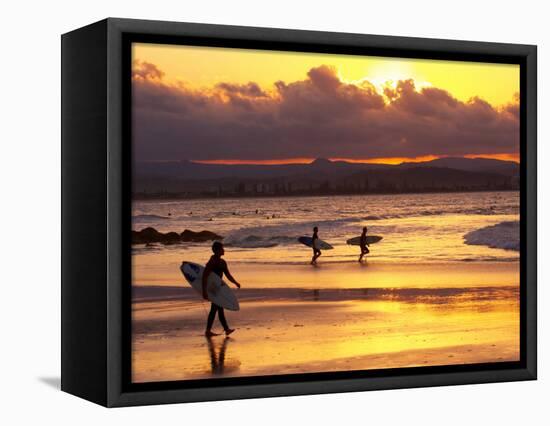 Surfers at Sunset, Gold Coast, Queensland, Australia-David Wall-Framed Stretched Canvas
