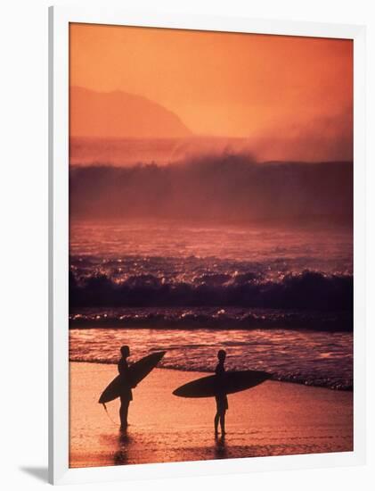 Surfers at Sunset, Oahu, Hawaii-Bill Romerhaus-Framed Photographic Print