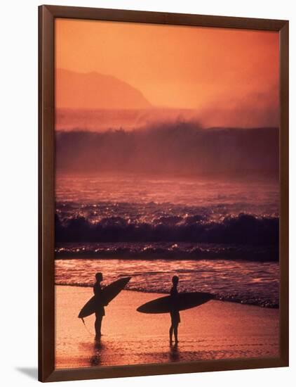 Surfers at Sunset, Oahu, Hawaii-Bill Romerhaus-Framed Photographic Print