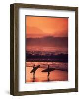 Surfers at Sunset, Oahu, Hawaii-Bill Romerhaus-Framed Photographic Print