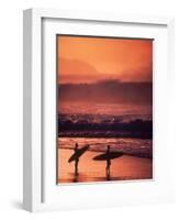 Surfers at Sunset, Oahu, Hawaii-Bill Romerhaus-Framed Photographic Print