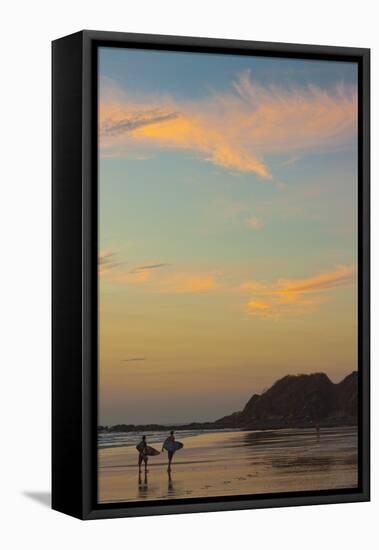 Surfers at Sunset on Playa Guiones Surf Beach-Rob Francis-Framed Stretched Canvas