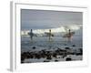 Surfers Head into the Surf at Mancora on the Northern Coast of Peru-Andrew Watson-Framed Photographic Print
