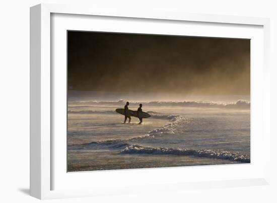 Surfers Make their Way to the Ocean Camburi Beach at Sunrise-Alex Saberi-Framed Photographic Print