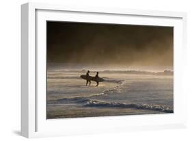 Surfers Make their Way to the Ocean Camburi Beach at Sunrise-Alex Saberi-Framed Photographic Print