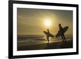 Surfers on Bloubergstrand at sunset, Cape Town, Western Cape, South Africa, Africa-Ian Trower-Framed Photographic Print