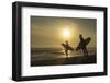 Surfers on Bloubergstrand at sunset, Cape Town, Western Cape, South Africa, Africa-Ian Trower-Framed Photographic Print