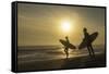 Surfers on Bloubergstrand at sunset, Cape Town, Western Cape, South Africa, Africa-Ian Trower-Framed Stretched Canvas