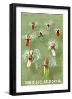 Surfers Paddling Away, San Diego, California-null-Framed Art Print