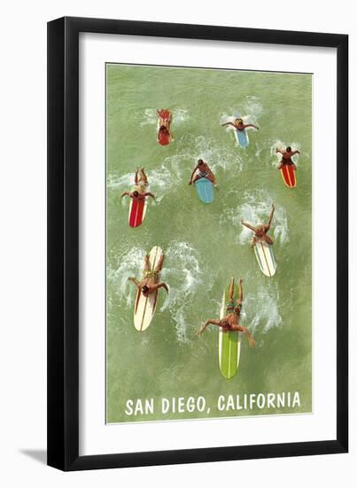 Surfers Paddling Away, San Diego, California-null-Framed Art Print