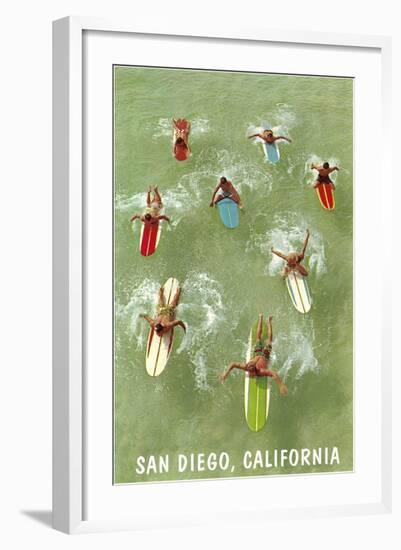 Surfers Paddling Away, San Diego, California-null-Framed Art Print