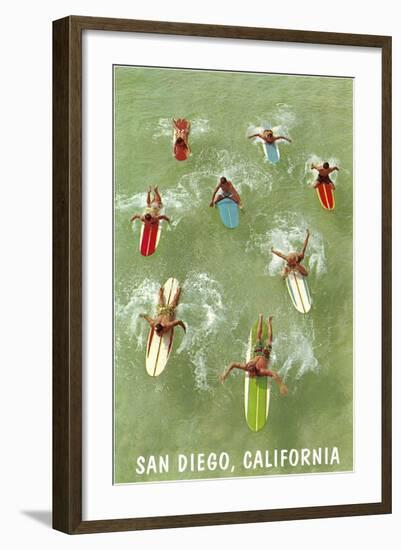 Surfers Paddling Away, San Diego, California-null-Framed Art Print