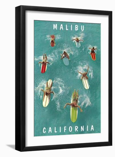 Surfers Paddling, Malibu, California-null-Framed Art Print