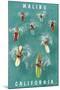 Surfers Paddling, Malibu, California-null-Mounted Art Print