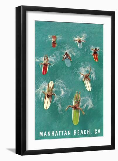 Surfers Paddling, Manhattan Beach-null-Framed Art Print