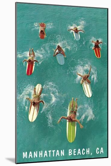 Surfers Paddling, Manhattan Beach-null-Mounted Art Print