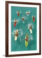 Surfers Paddling on Multi-Colored Boards, from Above-null-Framed Art Print