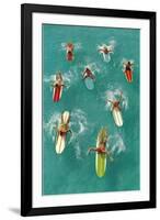 Surfers Paddling on Multi-Colored Boards, from Above-null-Framed Art Print