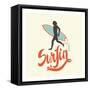 Surfin' - Typographic Design with Running Surfer-Tasiania-Framed Stretched Canvas