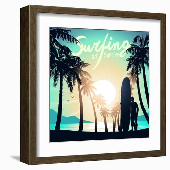 Surfing at Sunrise with a Longboard Surfer-Adam Fahey-Framed Art Print