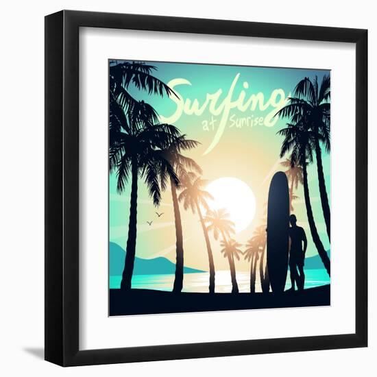 Surfing at Sunrise with a Longboard Surfer-Adam Fahey-Framed Art Print