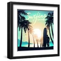 Surfing at Sunrise with a Longboard Surfer-Adam Fahey-Framed Art Print