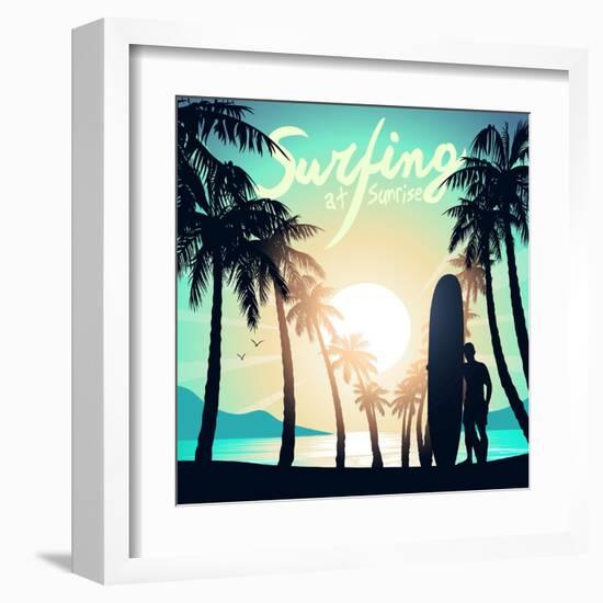 Surfing at Sunrise with a Longboard Surfer-Adam Fahey-Framed Art Print