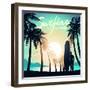 Surfing at Sunrise with a Longboard Surfer-Adam Fahey-Framed Art Print