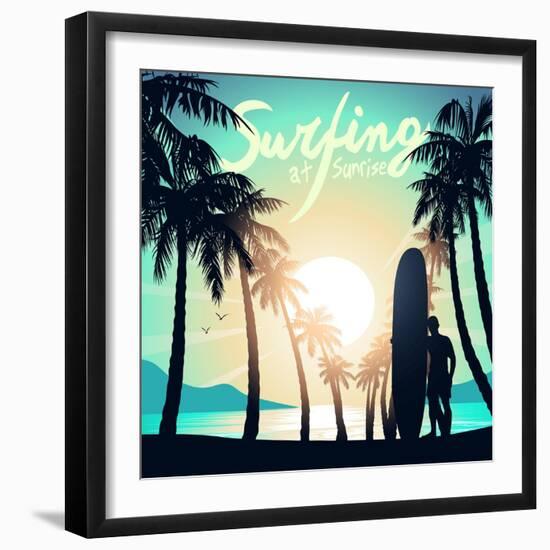 Surfing at Sunrise with a Longboard Surfer-Adam Fahey-Framed Art Print