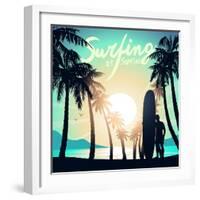 Surfing at Sunrise with a Longboard Surfer-Adam Fahey-Framed Art Print