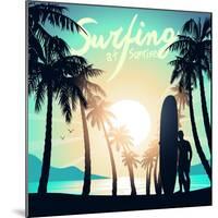 Surfing at Sunrise with a Longboard Surfer-Adam Fahey-Mounted Art Print