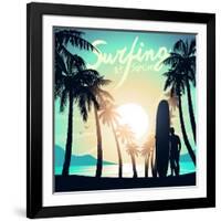 Surfing at Sunrise with a Longboard Surfer-Adam Fahey-Framed Art Print