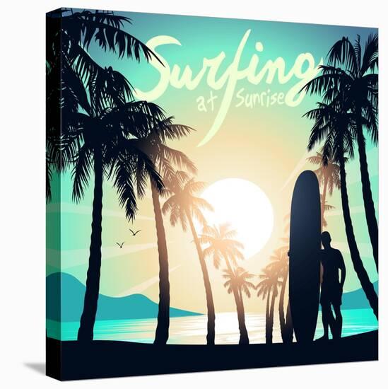 Surfing at Sunrise with a Longboard Surfer-Adam Fahey-Stretched Canvas