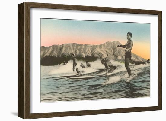 Surfing in Hawaii by Diamond Head-null-Framed Art Print