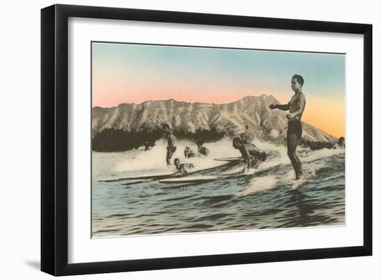 Surfing in Hawaii by Diamond Head-null-Framed Art Print