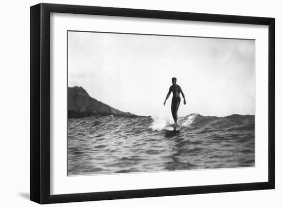 Surfing in Honolulu Hawaii Longboard Surfer Photograph - Honolulu, HI-Lantern Press-Framed Art Print