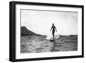 Surfing in Honolulu Hawaii Longboard Surfer Photograph - Honolulu, HI-Lantern Press-Framed Art Print