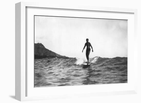 Surfing in Honolulu Hawaii Longboard Surfer Photograph - Honolulu, HI-Lantern Press-Framed Art Print