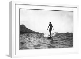 Surfing in Honolulu Hawaii Longboard Surfer Photograph - Honolulu, HI-Lantern Press-Framed Art Print