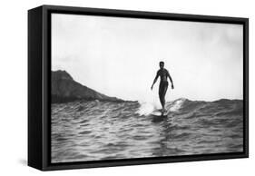 Surfing in Honolulu Hawaii Longboard Surfer Photograph - Honolulu, HI-Lantern Press-Framed Stretched Canvas